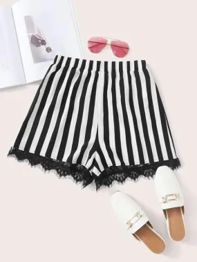 Eyelash Lace Hem Striped Shorts