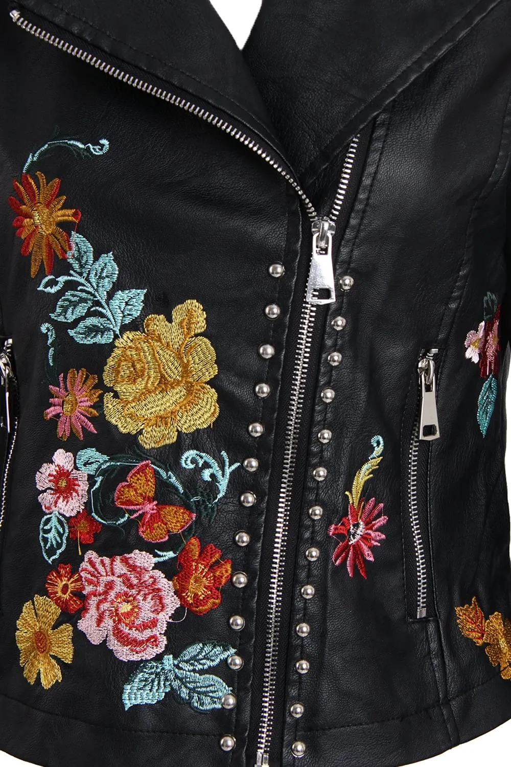 Floral Embroidered Studded Detail Biker Leather Jacket