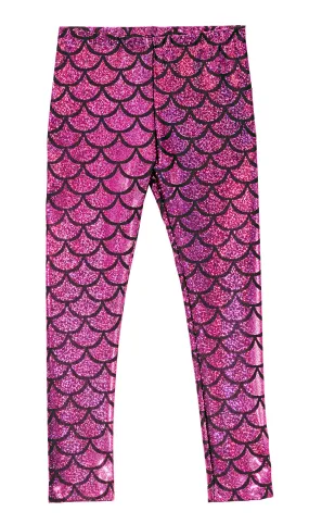 Girls Novelty Stretch Leggings  | Fuchsia Mermaid Sparkle