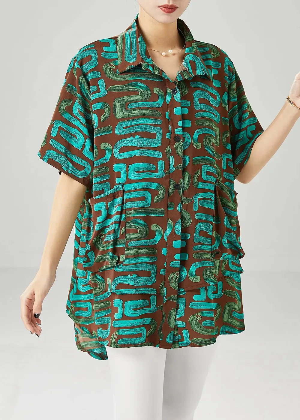 Green Print Spandex Blouses Oversized Summer ML1235