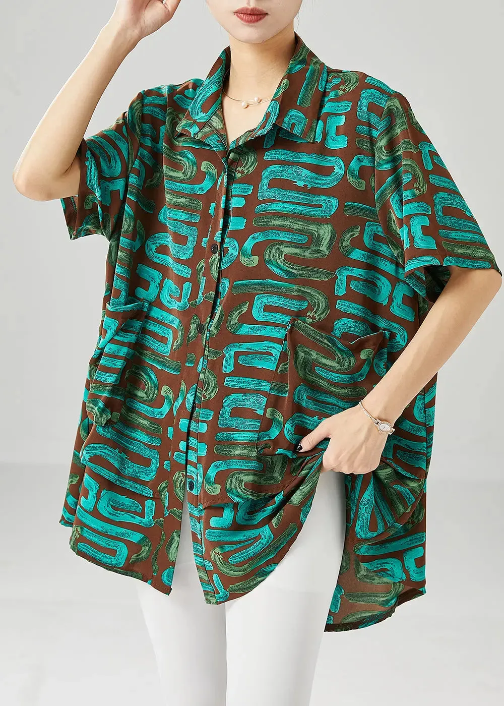 Green Print Spandex Blouses Oversized Summer ML1235