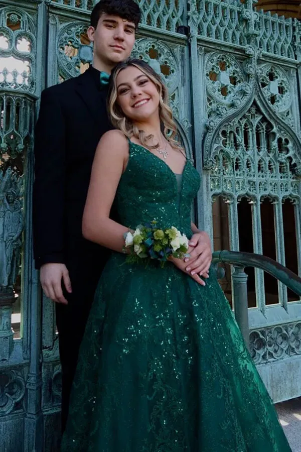 Green Tulle Lace A-line V-neck Floor Length Prom Dresses, Evening Dresses, SP956