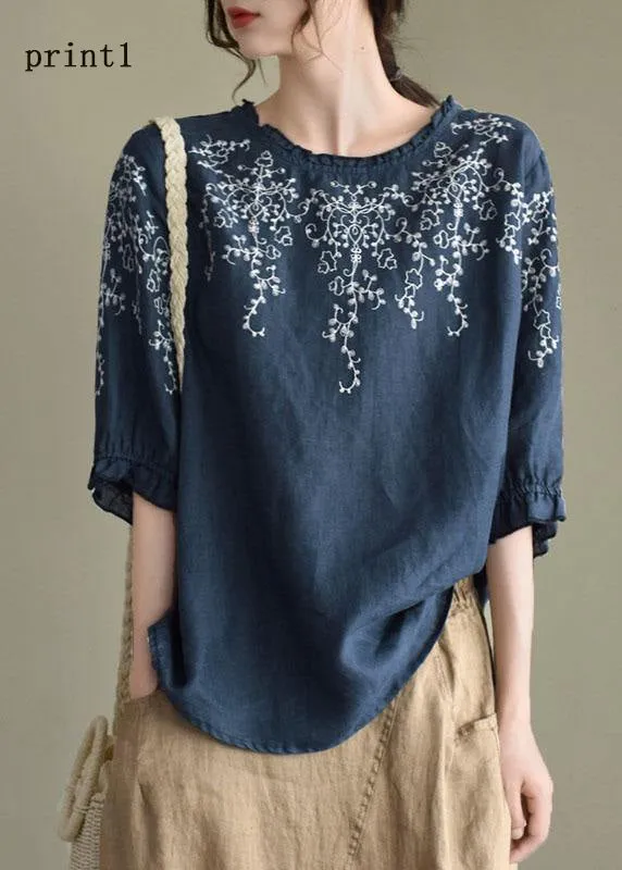 Handmade Navy lantern Sleeve O-Neck Embroideried Summer Ramie Blouses