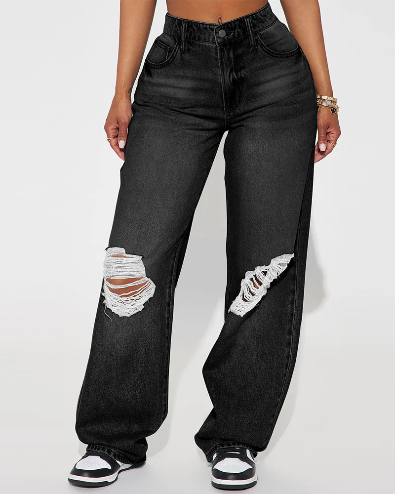 High-Waisted Wide-Leg Ripped Jeans