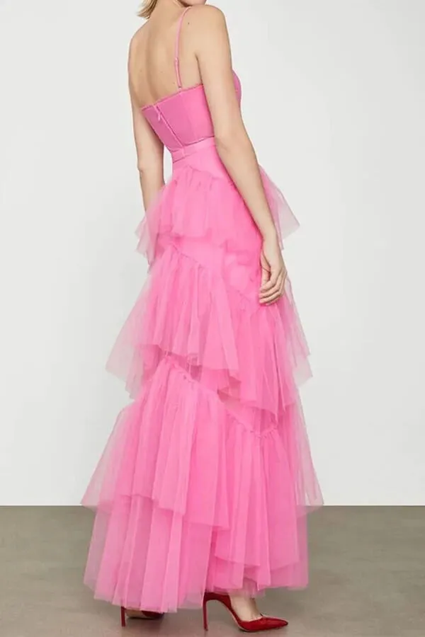 Hot Pink Tiered Tulle A-line Floor Length Prom Dresses, Evening Dresses, SP832