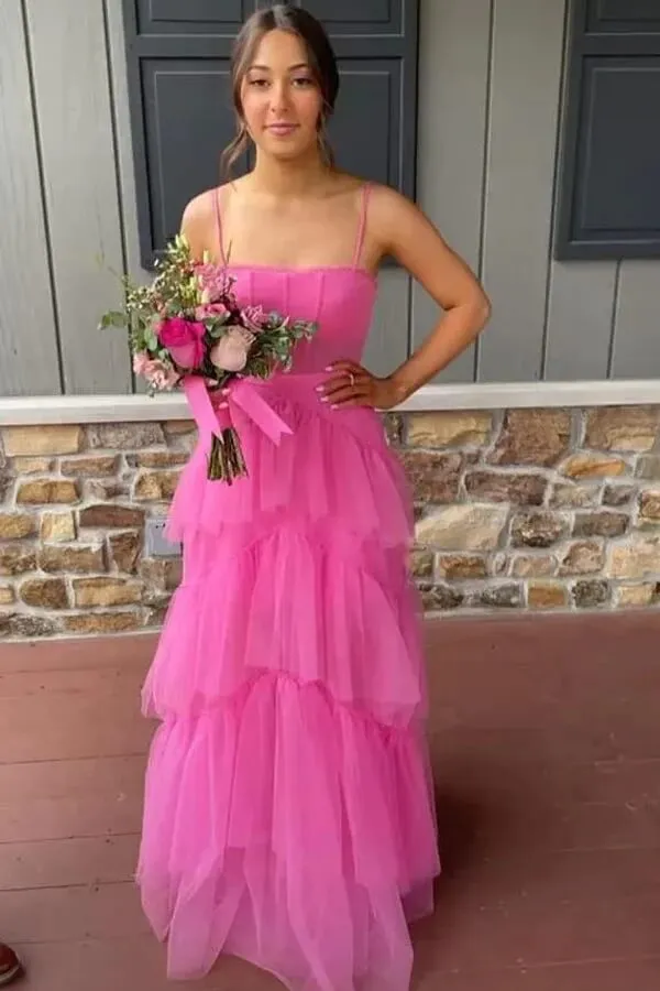 Hot Pink Tiered Tulle A-line Floor Length Prom Dresses, Evening Dresses, SP832