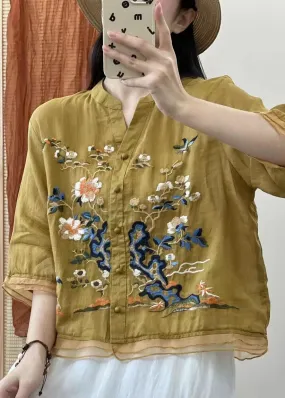 Italian Yellow Stand Collar Embroideried Button Patchwork Linen Blouses Summer LY7872