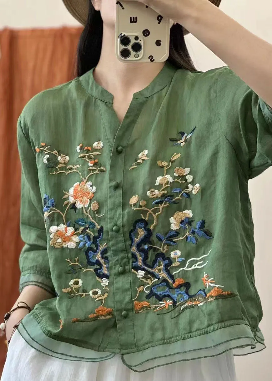 Italian Yellow Stand Collar Embroideried Button Patchwork Linen Blouses Summer LY7872