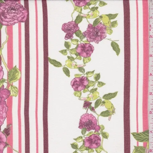 Ivory/Maroon/Pink Floral Stripe Chiffon Fabric