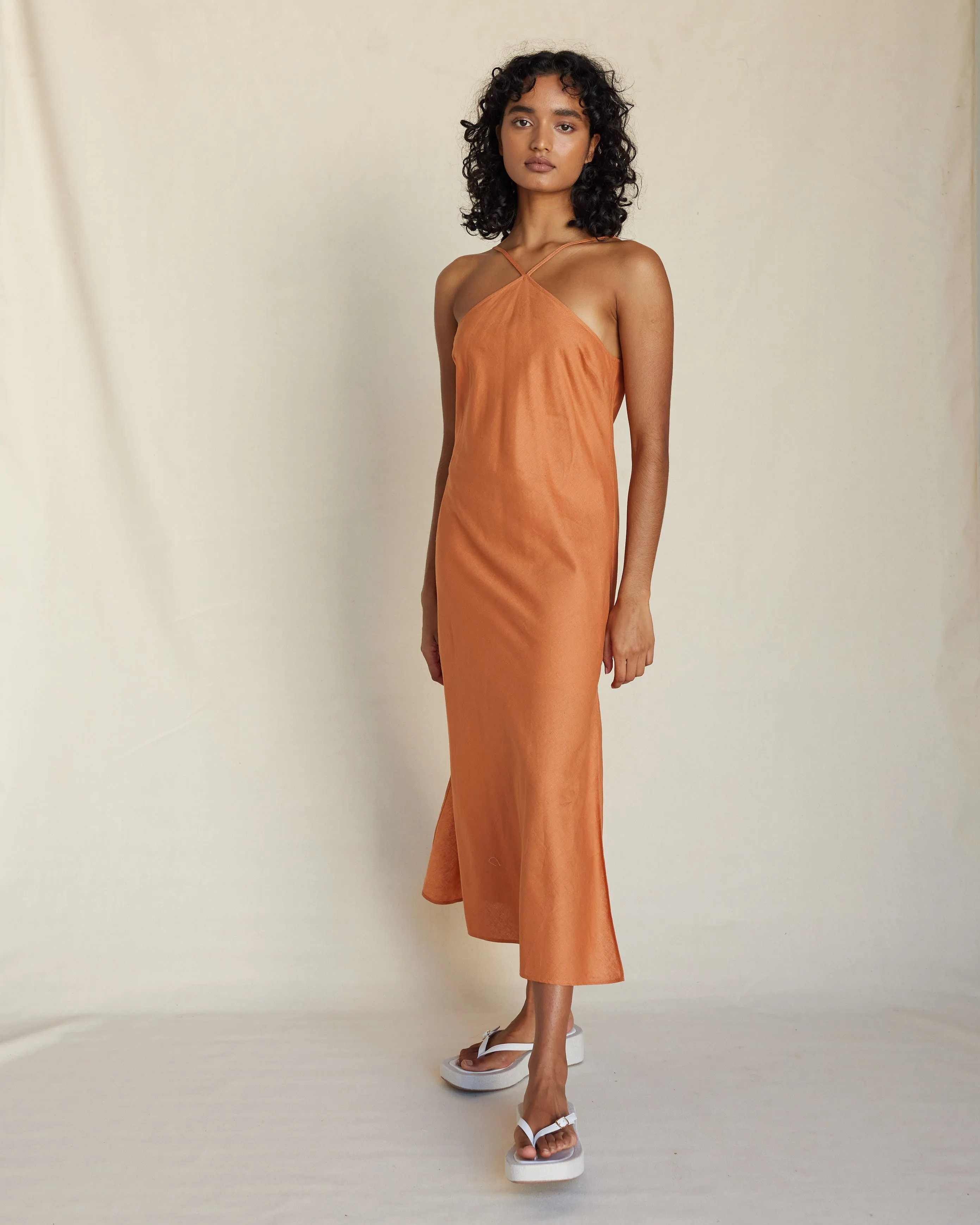 Krisha Linen Halter Midi Dress - Burnt Orange