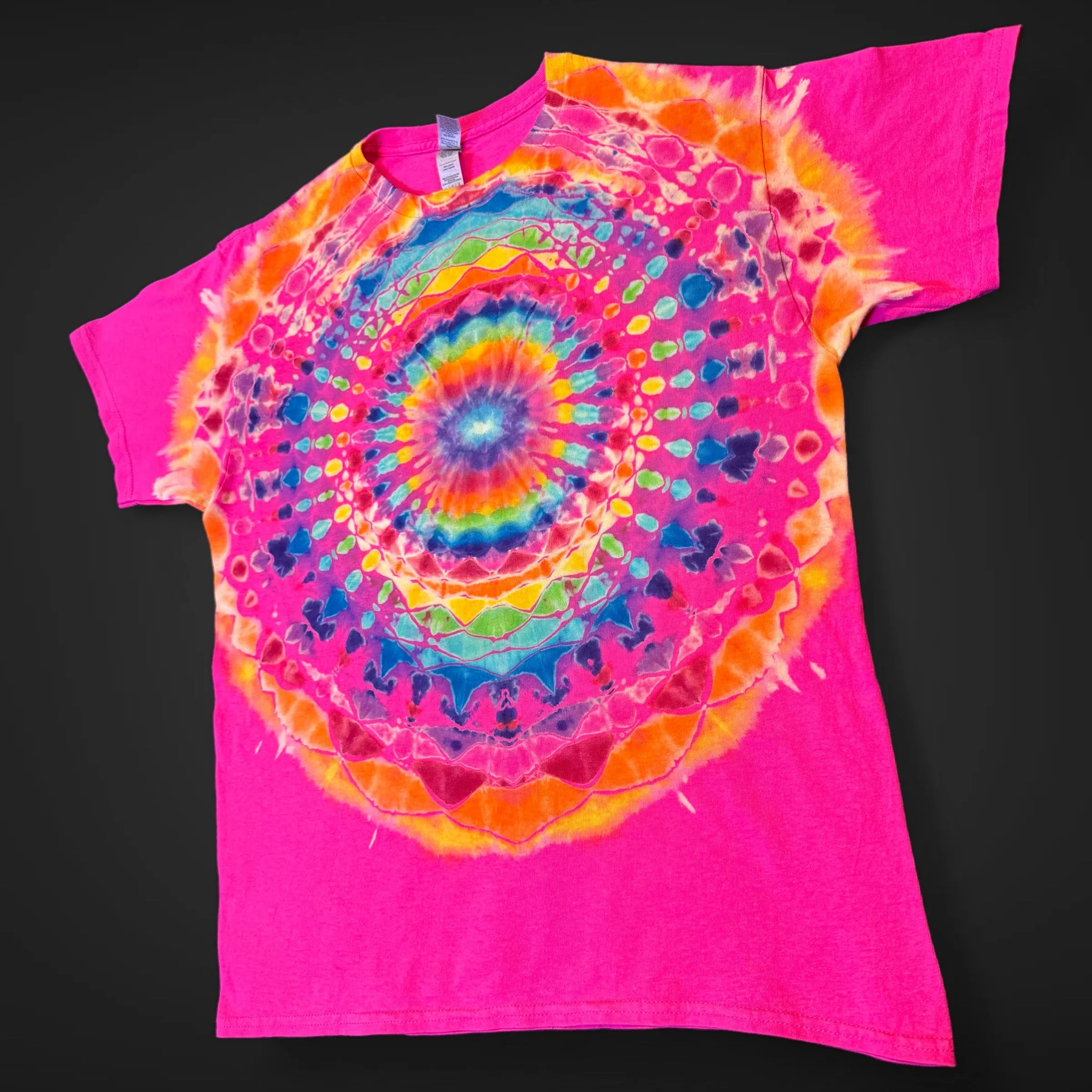 L - pink reverse dyed rainbow mandala tee