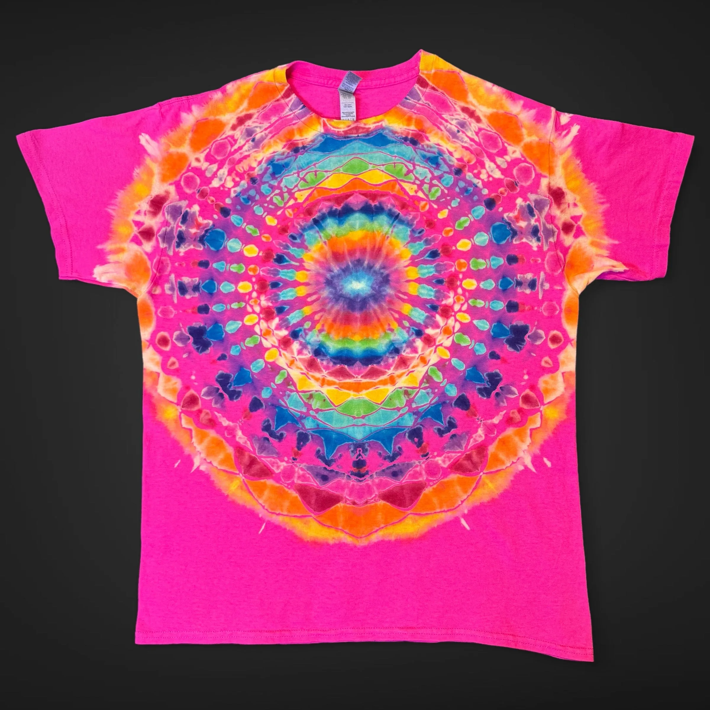 L - pink reverse dyed rainbow mandala tee