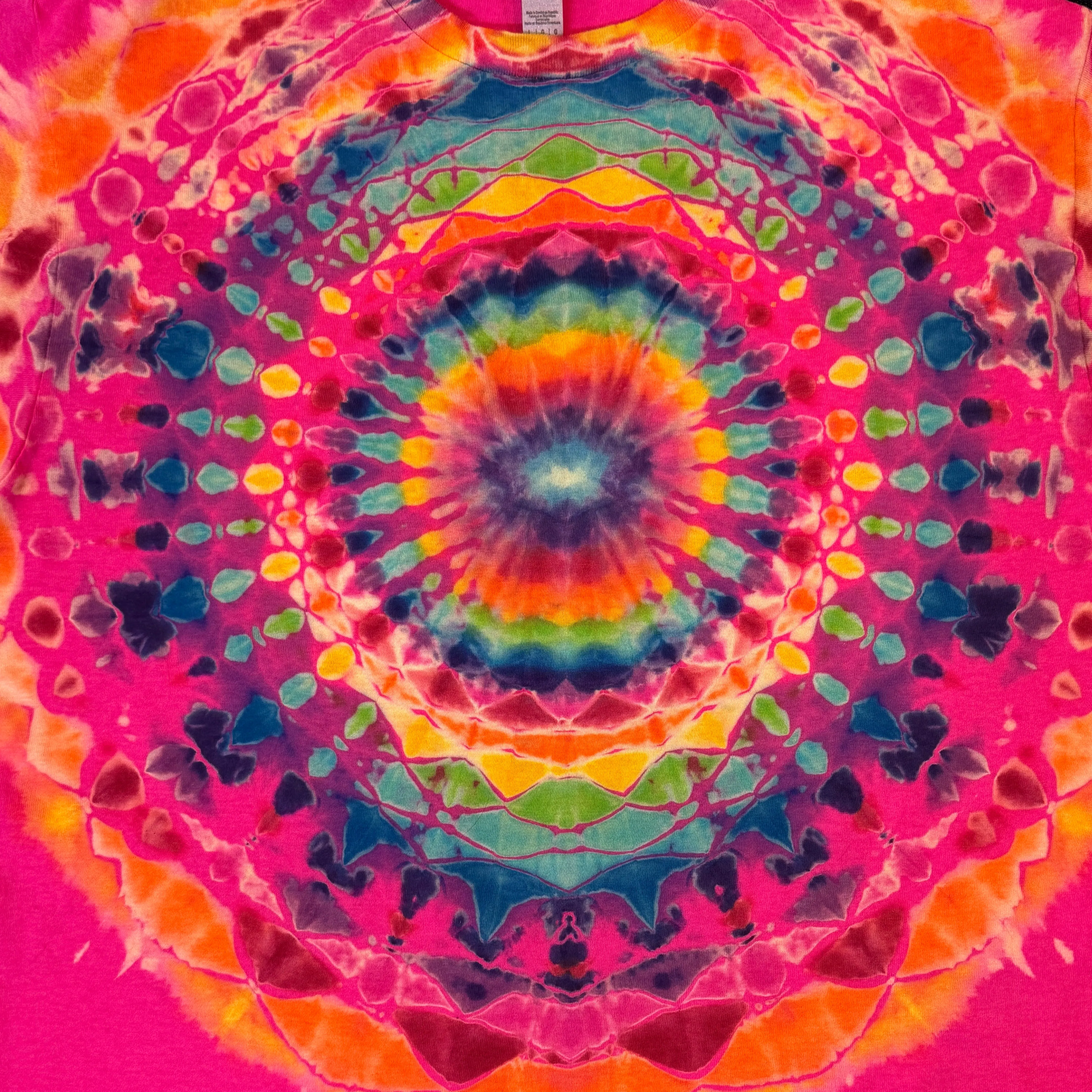 L - pink reverse dyed rainbow mandala tee