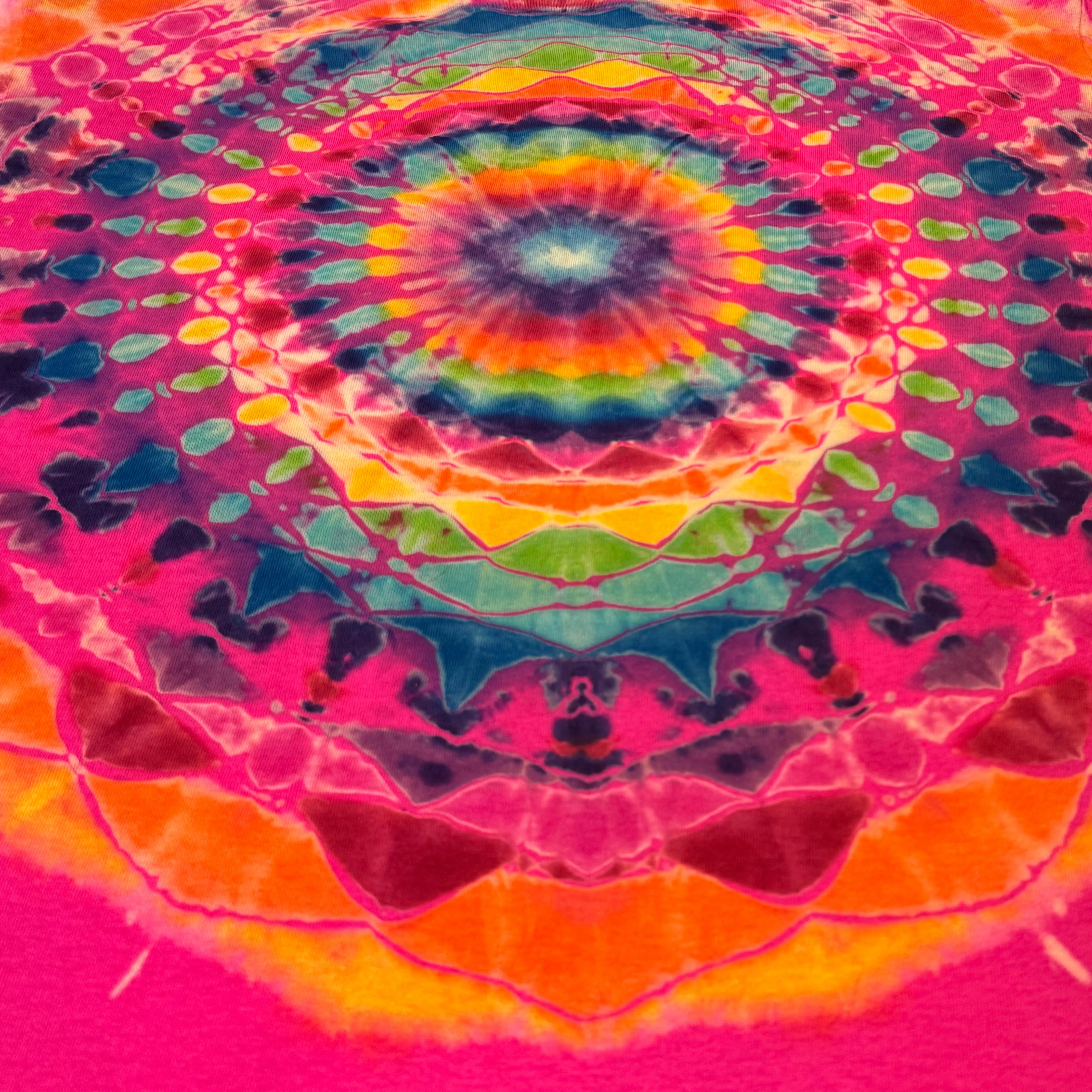 L - pink reverse dyed rainbow mandala tee