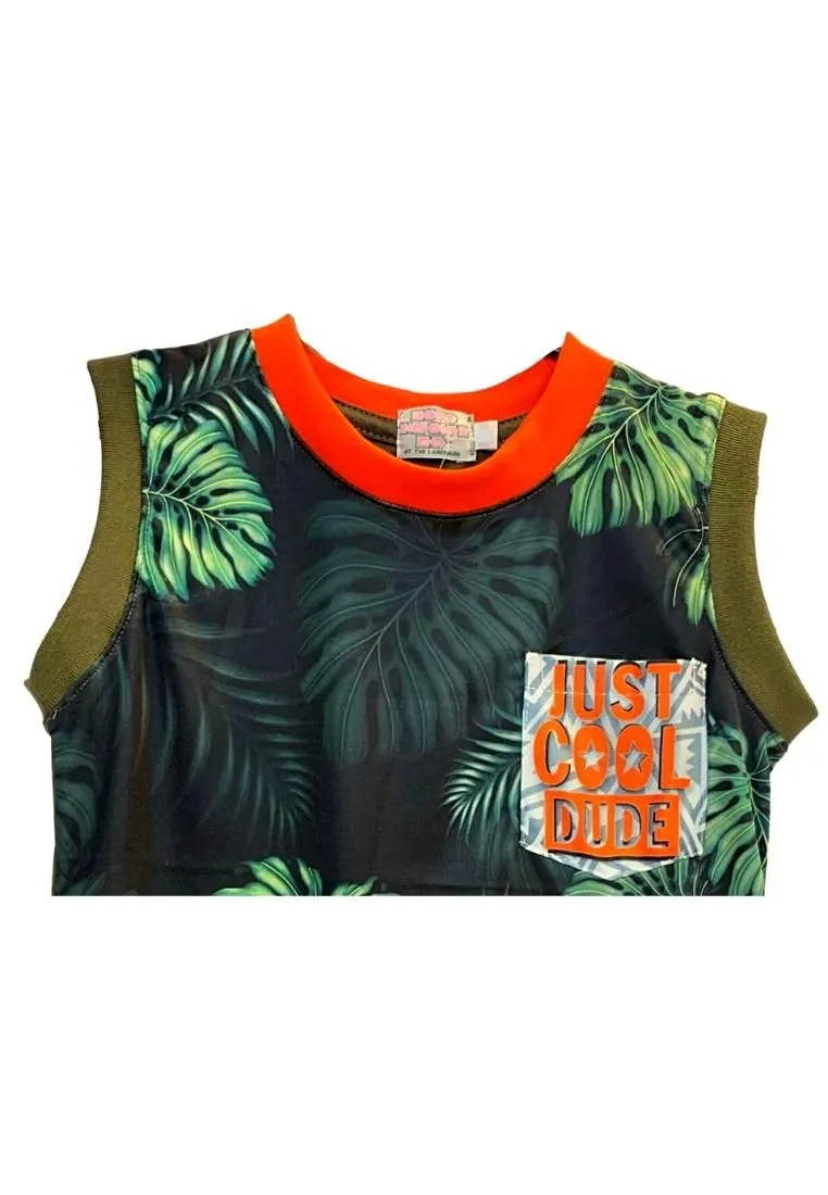 Landmark Muscle Set Cool Dude with Leaves Patch Pocket Print and Plain Shorts Olive/Orange