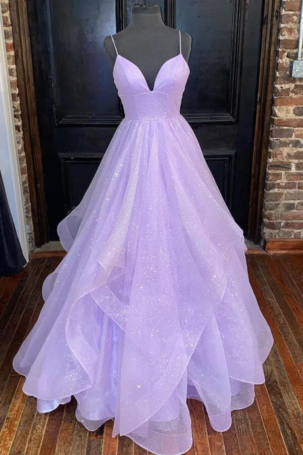 Lavender Shiny Tulle A-line V-neck Princess Prom Dress, Long Formal Dress, SP740