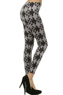 Leggings Geometric Gray Black Full Long Length Stretch Skinny New Womens