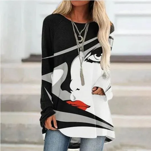 Leisure Pullover Face Print Loose Shirts