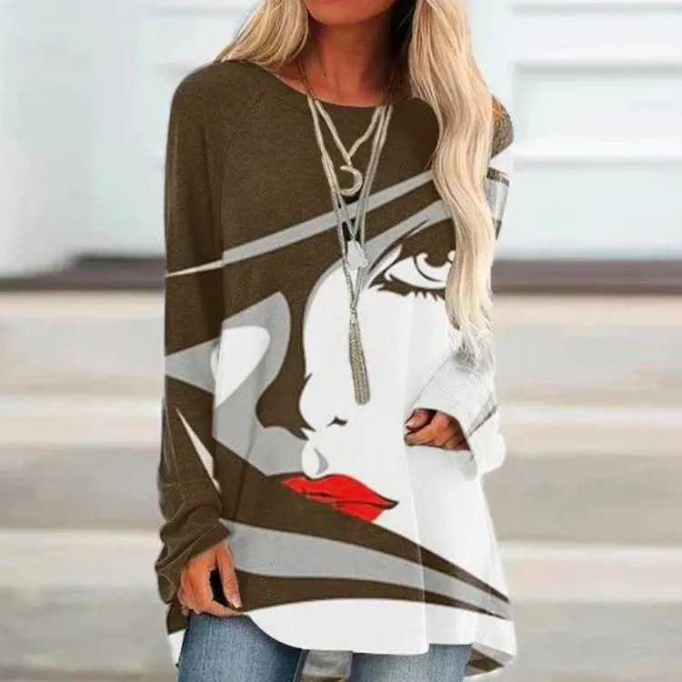 Leisure Pullover Face Print Loose Shirts