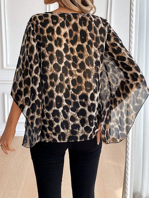 Leopard Loose Round-Neck Blouses&Shirts Tops