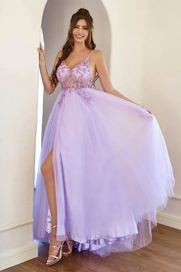 Lilac Tulle A-line Long Prom Dresses With Beading, Long Formal Dresses, SP849