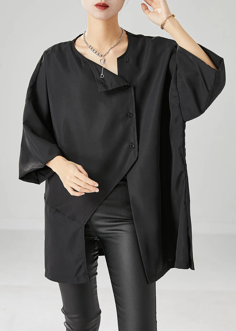 Loose Black Asymmetrical Side Open Cotton Blouses Bracelet Sleeve ML2473