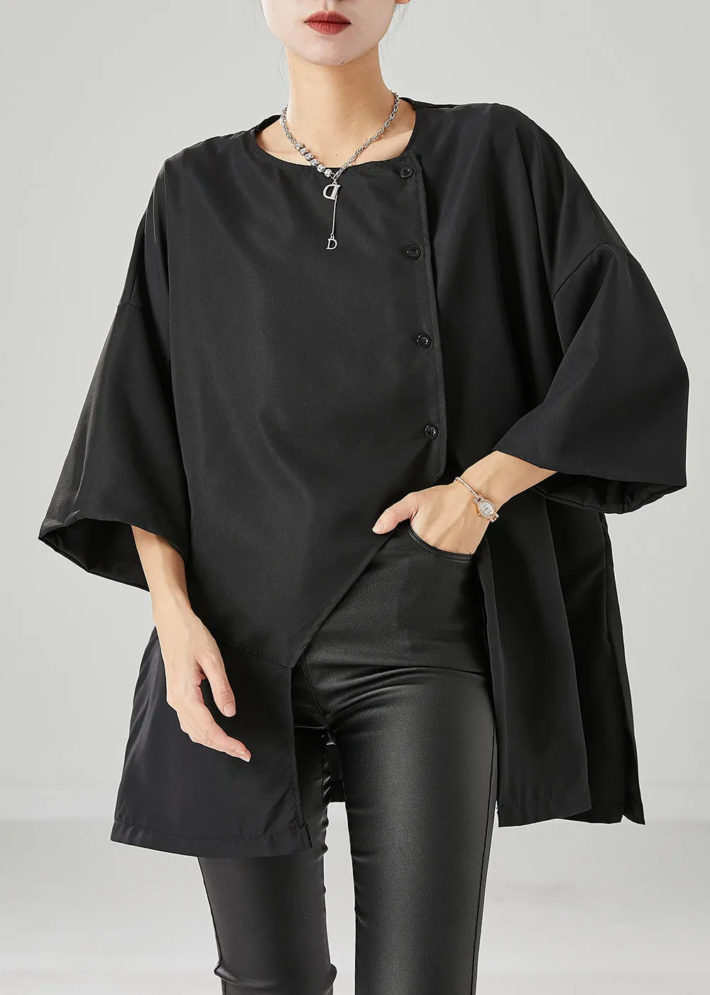 Loose Black Asymmetrical Side Open Cotton Blouses Bracelet Sleeve ML2473