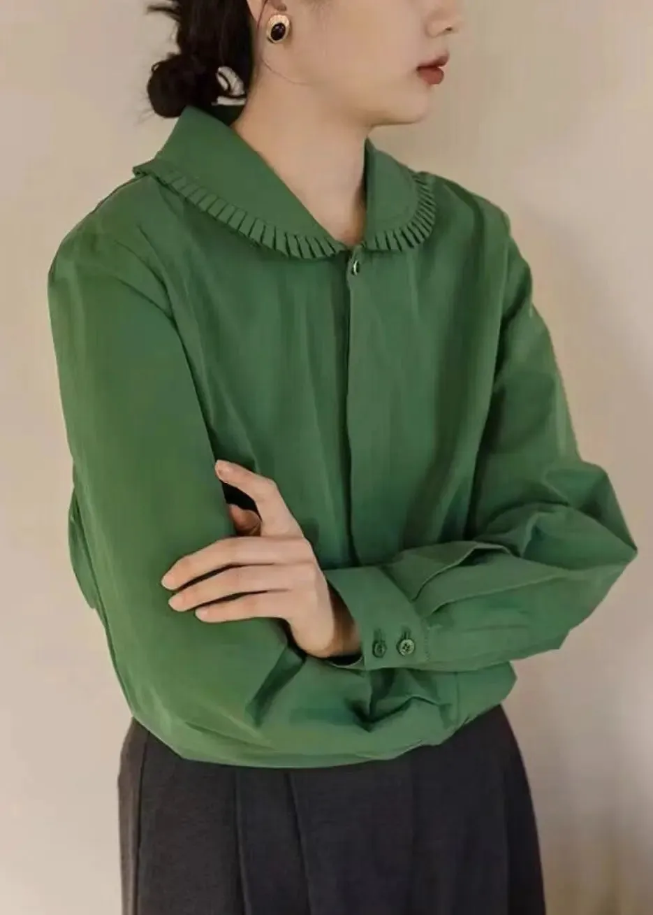 Loose Green Peter Pan Collar Button  Cotton Blouses Fall ML3319