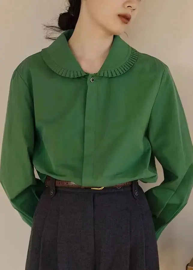 Loose Green Peter Pan Collar Button  Cotton Blouses Fall ML3319