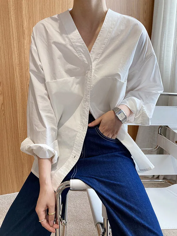 Loose Simple V-Neck Pocket Blouses