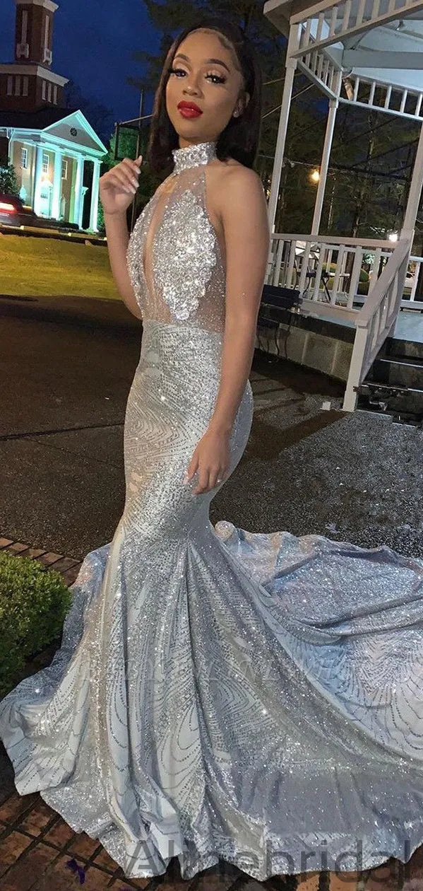 Mermaid Silver Halter Sleeveless Open Back Formal Prom PD1048