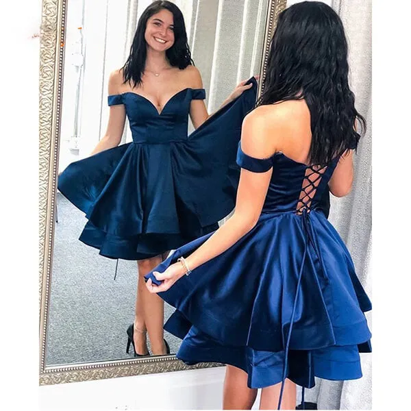 Navy Blue Satin Off-the-Shoulder Ruffles Short Homecoming dress, SH550