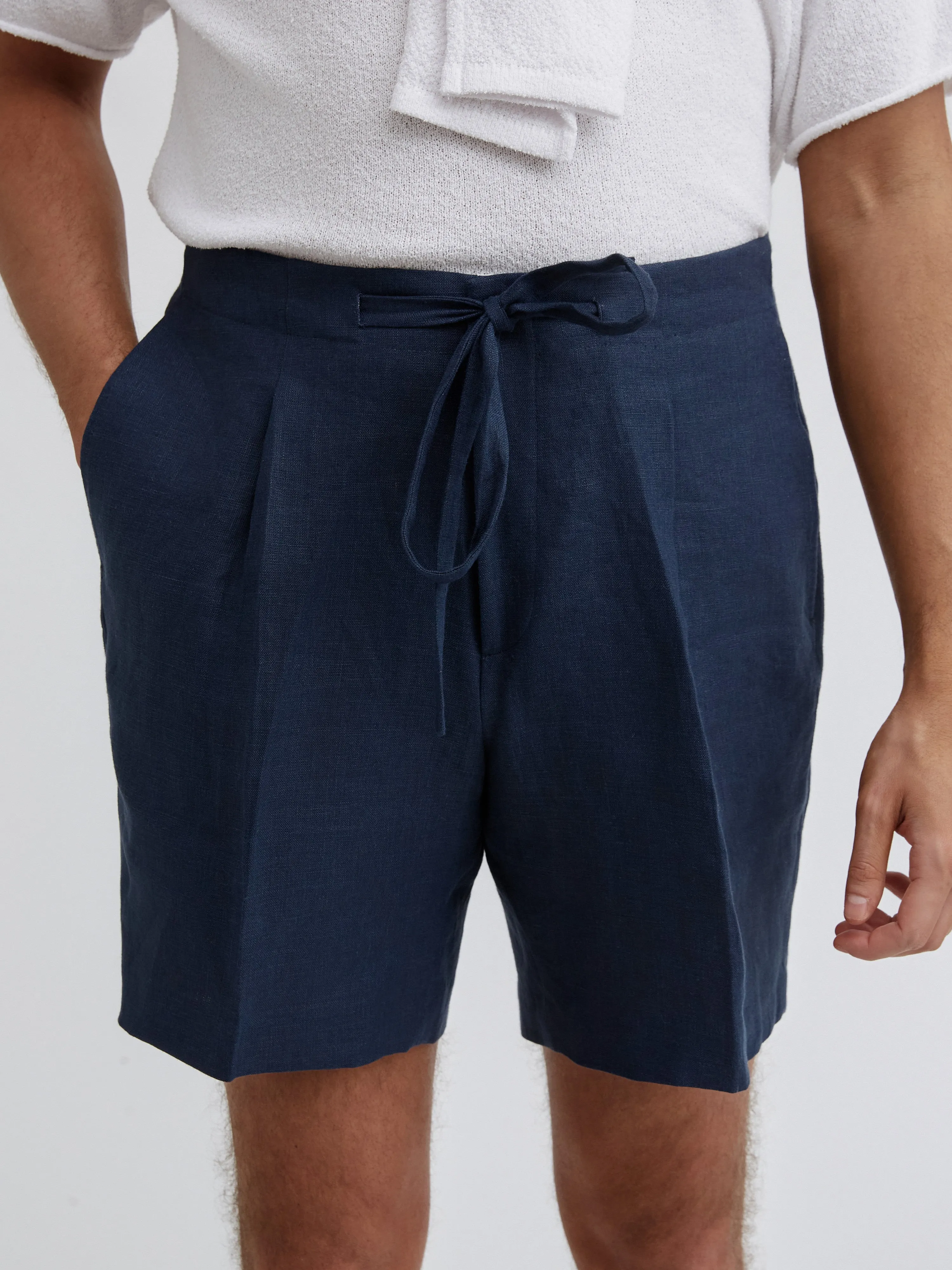 Navy Linen Drawstring Shorts (Wide Fit)