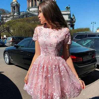 Pink A-Line Short Sleeves Homecoming Dresses | Graduation Dress with Lace Appliques, SH445