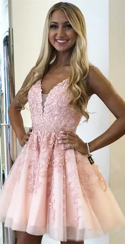 Pink A-line V-neck Above-Knee Length Beaded Homecoming Dress with Appliques, SH478