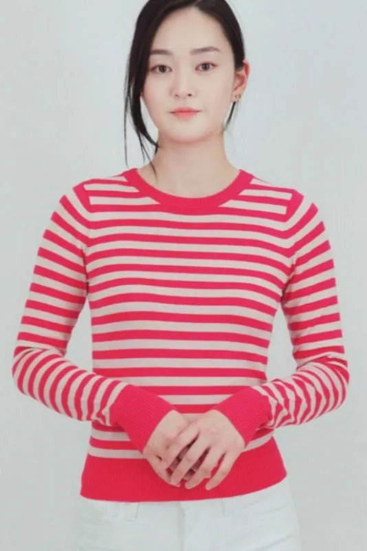 Pink Striped Crew Neck Sweater