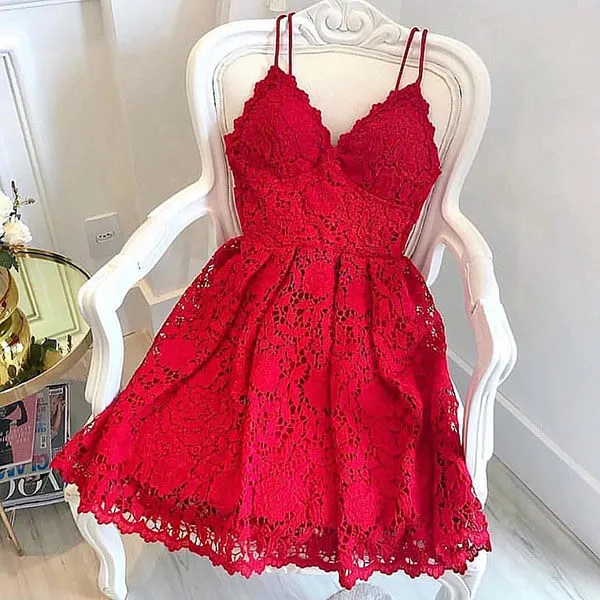 Red Lace Spaghetti Straps A-line V-neck Mini Homecoming Dresses, SH491