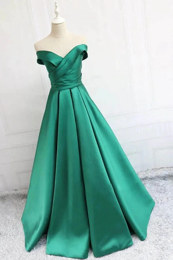 Satin A-line Off-the-Shoulder Evening Dresses, Blue Prom Dresses With Belt, SP817