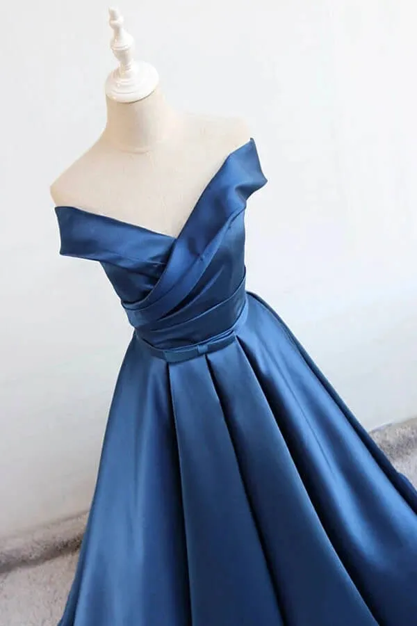 Satin A-line Off-the-Shoulder Evening Dresses, Blue Prom Dresses With Belt, SP817