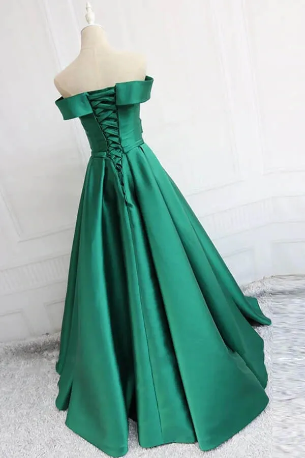 Satin A-line Off-the-Shoulder Evening Dresses, Blue Prom Dresses With Belt, SP817