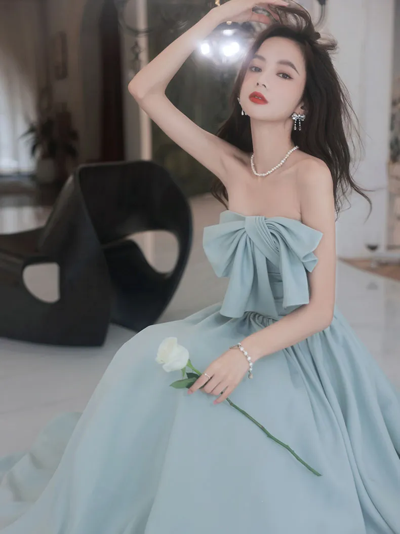 Simple Backless Blue Long Prom Dresses, Blue Bridesmaid Dresses