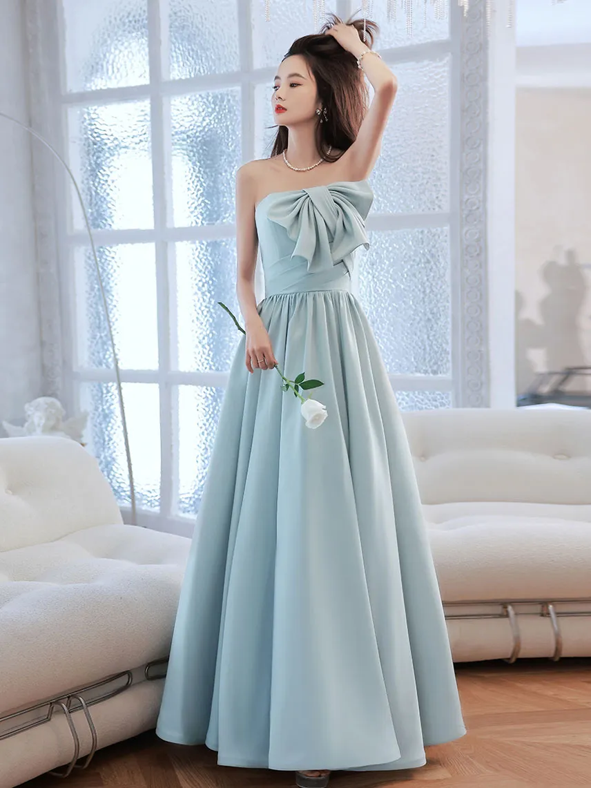 Simple Backless Blue Long Prom Dresses, Blue Bridesmaid Dresses