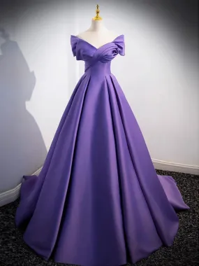 Simple Off Shoulder Satin Purple Long Prom Dress Court Train Dresses