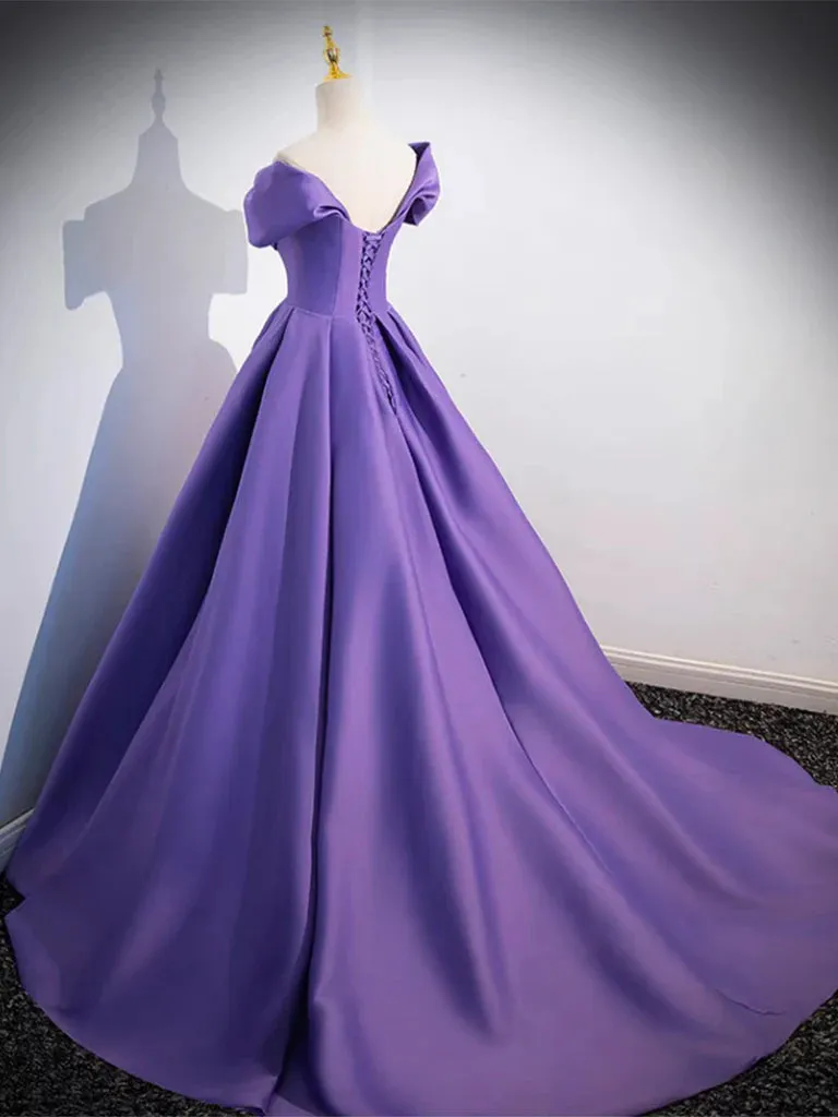 Simple Off Shoulder Satin Purple Long Prom Dress Court Train Dresses