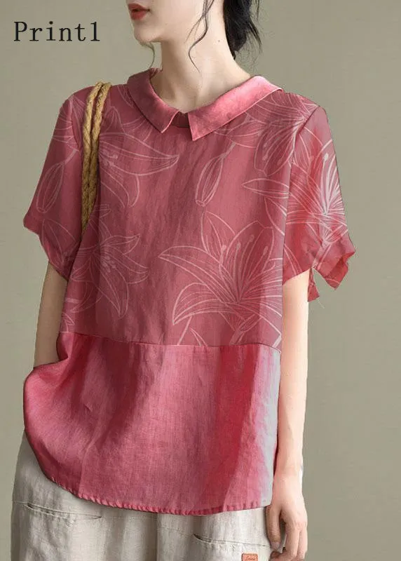 Simple Pink Peter Pan Collar Patchwork Summer Linen Blouses