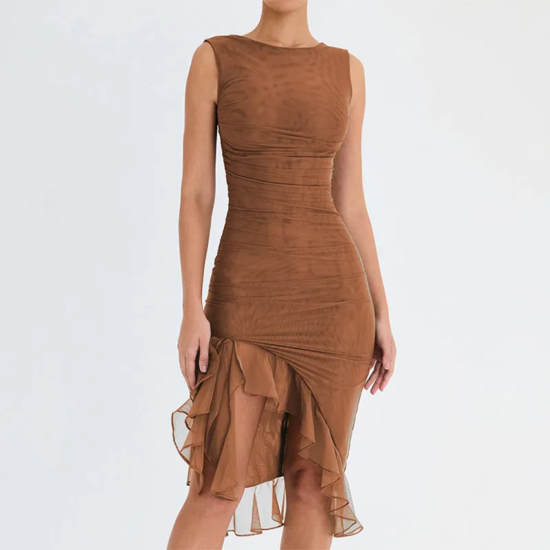 Simple Ruched Asymmetrical Midi Dress