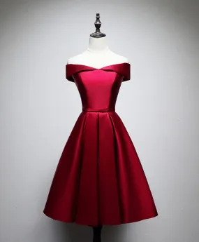 Simple Satin Burgundy Short Prom Dress, Burgundy Homecoming Dress