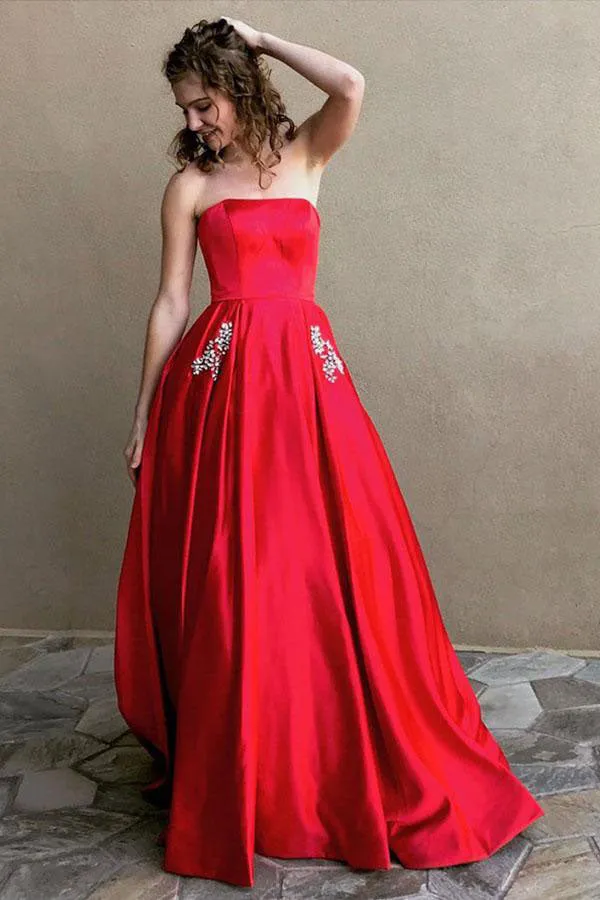 Simple Satin Off-the-Shoulder A-Line Strapless Prom Dresses With Pocket, SP622