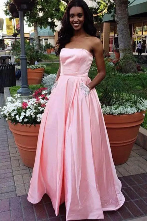 Simple Satin Off-the-Shoulder A-Line Strapless Prom Dresses With Pocket, SP622