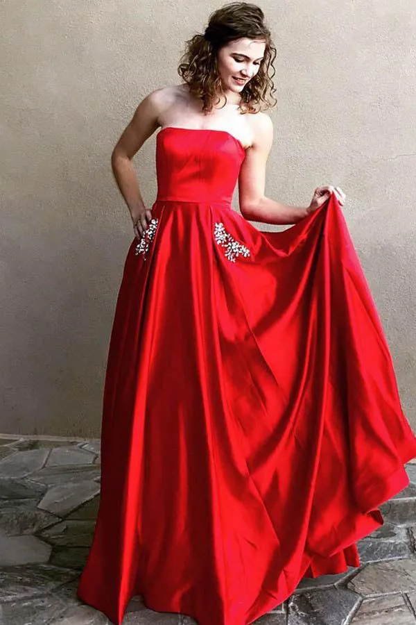 Simple Satin Off-the-Shoulder A-Line Strapless Prom Dresses With Pocket, SP622